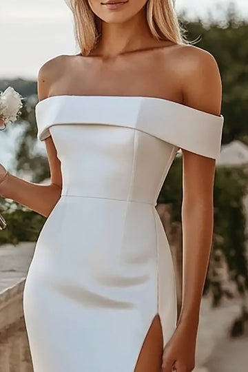 White Off The Shoulder Sheath Satin Wedding Dress